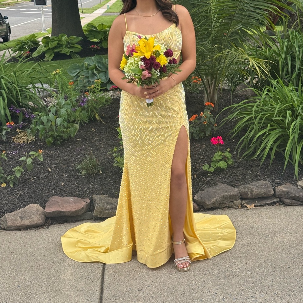Sherri Hill Yellow Sequin Cutout Prom Gown